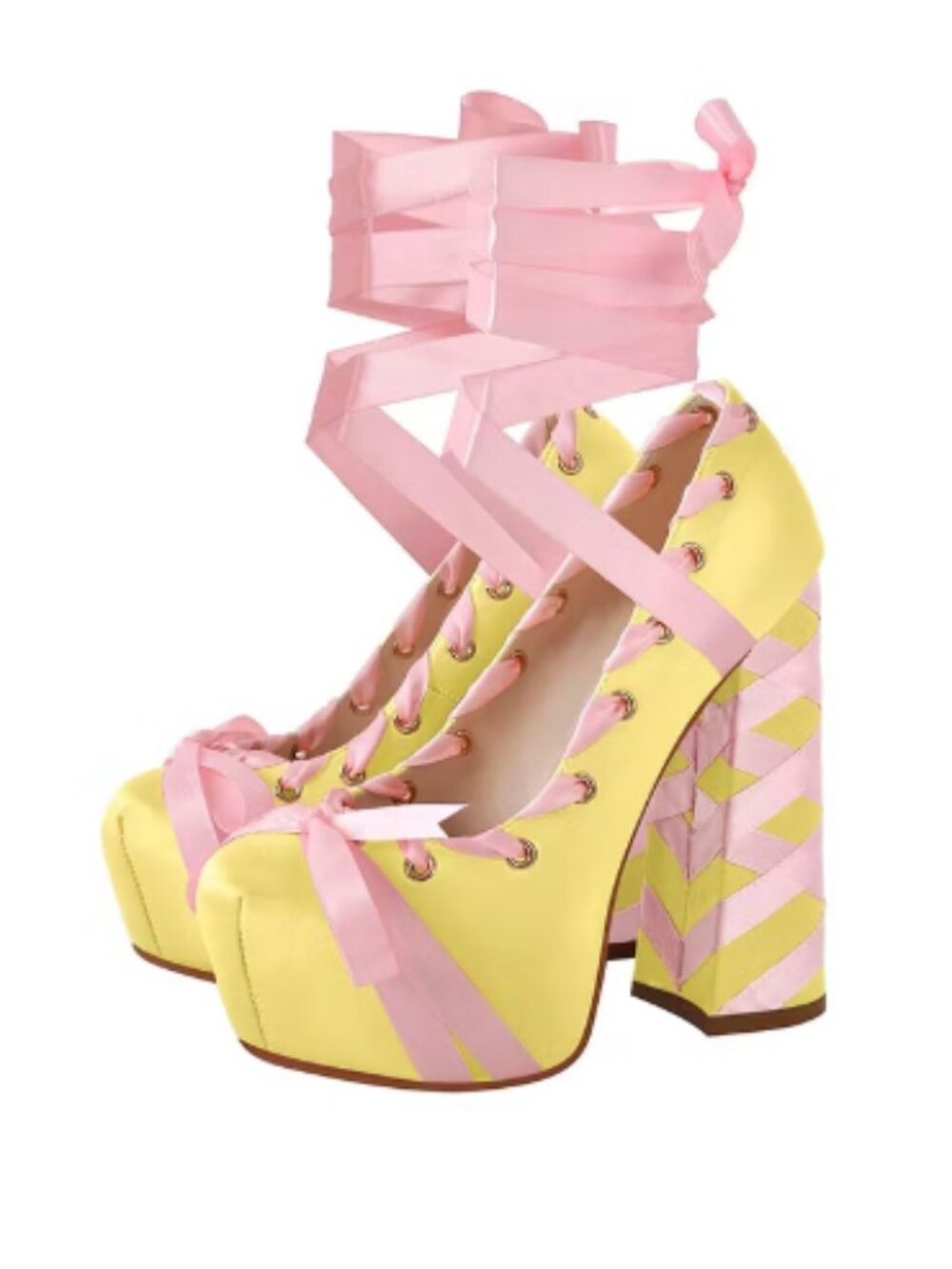 FSJ Yellow and Pink Satin Round Toe Bow Tie-Up Ballet Platform Pumps Heels